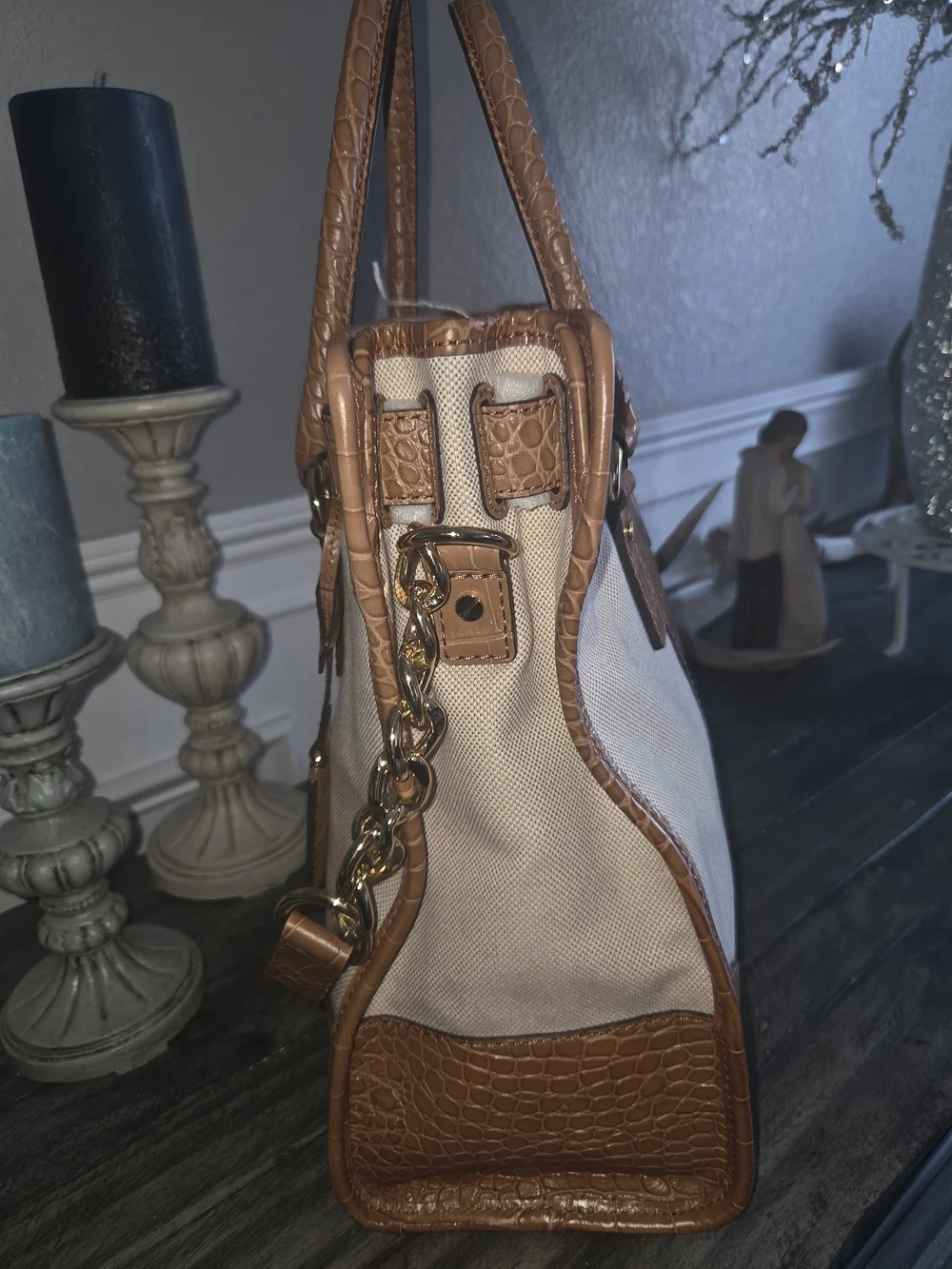 Michael Kors Tan Croc-Accent Canvas Tote Bag Perfect For A Laptop. - Picture 3 of 15